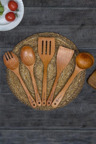 5 Parça ' Pro ' Bambu Teak Ağacı Ahşap Kaşık Tahta Kaşık Mutfak Seti Temizlemesi Kolay Mat Parlak Yüzey