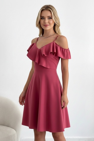 Zedefx Kadın İnce Askılı Katlı Fırfırlı Elbise Pembe