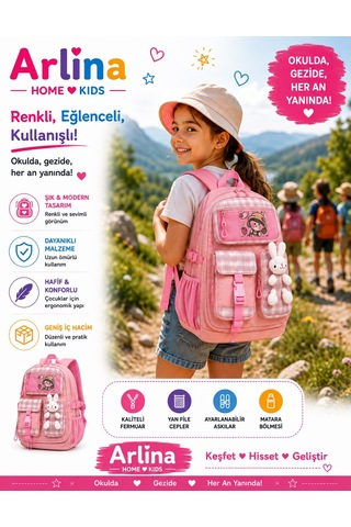Kore Model Tavşan Aksesuarlı Su Geçirmez Kız Çocuk Çantası Pudra Pudra Pembe