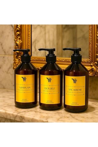 Banyo Seti 3lü Set Saç Kremi Banyo Jeli Şampuan Şişesi 500 Ml Açık Kahverengi