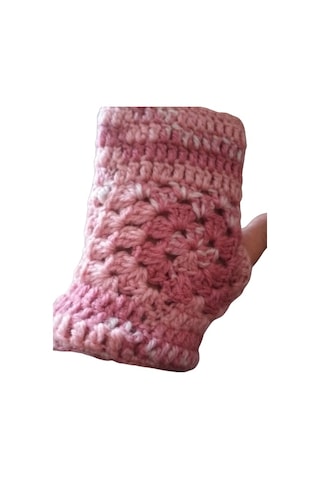 El&Ma El Örgüsü Parmaksız Lastikli Pudra Pembe Motifli Eldiven Pudra