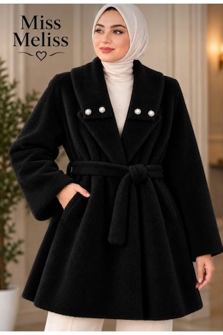Miss Meliss İnci Detaylı Şık Fox Kumaş Kaban Siyah Siyah