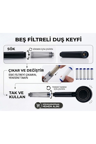 5 Fonksiyonlu Arıtmalı Duş Başlığı Seti - 5 Adet Yedek Filtre Kartuşlu Kireç Ve Tortu Önleyici Spa Duş Seti Füme - Siyah