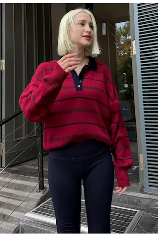 Madmext Bordo Çizgili Polo Yaka Kadın Kazak Mg2476 Bordo