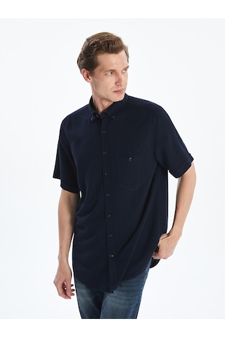 Lcwaıkıkı Classic Lacivert Regular Fit Kısa Kollu Keten Karışımlı Erkek Gömlek