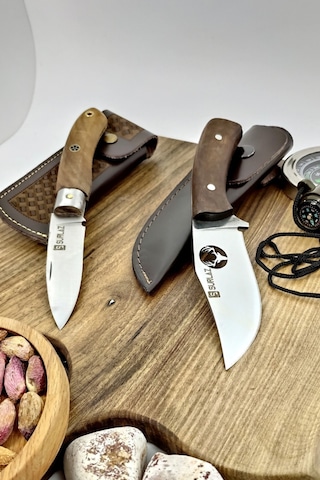 2'li Outdoor Deer Çakı Bıçak Kamp Bıçağı Deri Kılıflı Kahverengi