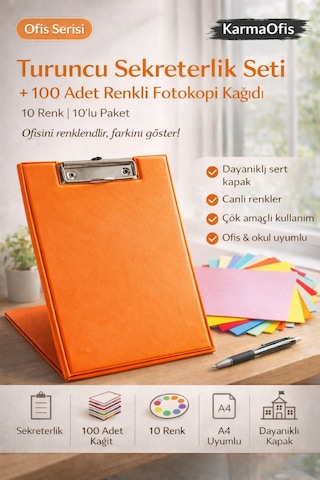 Turuncu Sekreterlik Seti + 100 Adet Renkli A4 Fotokopi Kağıdı Dayanıklı Kapak, Çok Amaçlı Kullanım