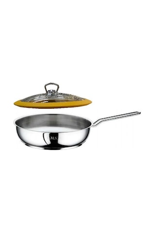 Oms Çelik Tava 26x6 Cm Silikonlu Cam Kapaklı - Sarı Gri