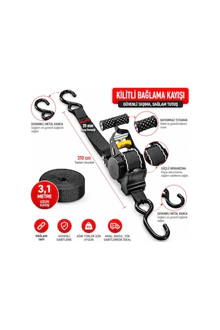 Sunup Sn-37789 3 Metre Otomatik Cırcırlı Bağlama Kayışı Spanzet Kaydırmaz Tutamaklı Dayanıklı Çelik Gövde 230kg