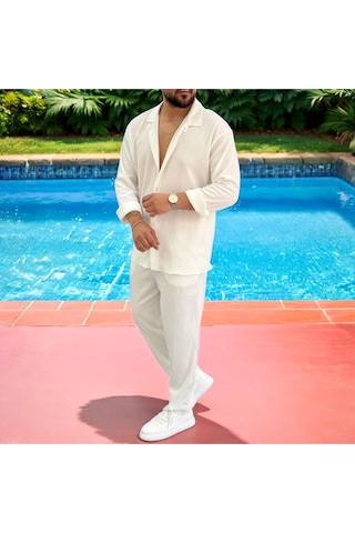 Erkek Bürümcük Krinkıl Kumaş Yazlık Likralı Apaj Yakalı Gömlek Ve Eşofman Takım Kombini Beyaz