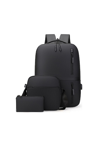 Jeemson Erkek Usb Şarjlı Su Geçirmez Çanta Seti - Laptop Sırt Çantası Ve Omuz Çantası Siyah