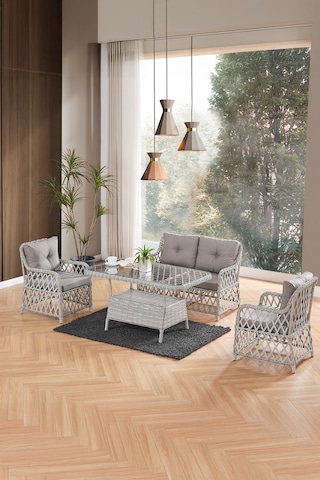 Roma Rattan Bahçe Balkon Takımı 2+1+1 Cam Masalı Gri