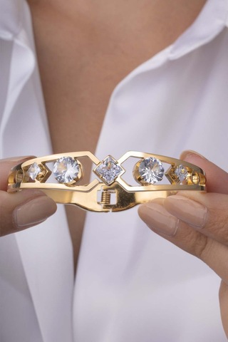 Gümüş Pazarım Elmas Model Altın Kaplama Kadın Çelik Kelepçe Bileklik Renkli