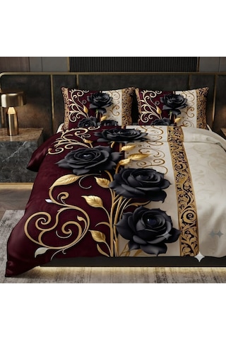 Özel Tasarım Marka Çift Kişilik Nevresim Takımı Organik Saten & Pamuk Luxury Premium Deluxe Seri Gül Çeyiz Kırmızı Beyaz Ranforce Solmaz Kırmızı - Siyah