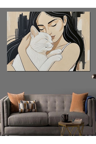 Kadın Ve Kedi Sarılma Şefkat Dekoratif Kanvas - Mdf Ahşap Tablo