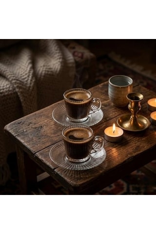 Tr 6'li Cam Kahve Fincanı Seti Çizgili Desenli Şeffaf Fincan Ve Tabak Takımı 8 Cm Espresso Türk Kahvesi Sunum Seti Genel