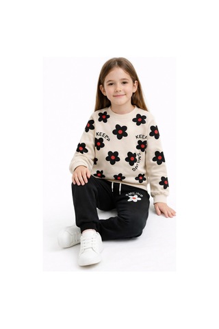 Beka Kids Kız Çocuk Baskılı Çiçek Desenli Pantolonu Cepli Rahat Eşofman Takımı Siyah