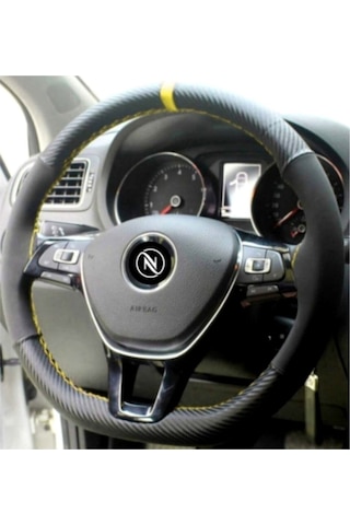 Volkswagen Polo (2014-2018) Dikmeli Direksiyon Kılıfı Carbon Desenli-alkantra Sarı Yüzük
