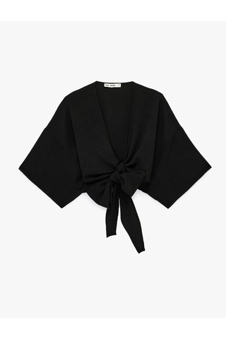 Koton Kısa Kollu Kruvaze Yaka Bağlamalı Crop Oversize Kimono Siyah 6sal50004ıw