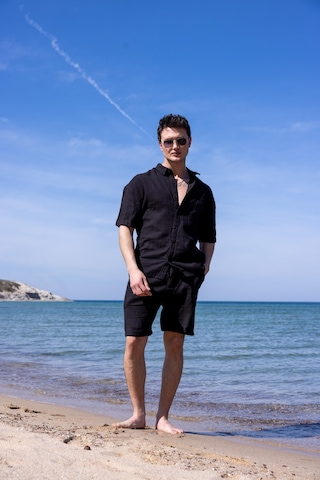 Keten Kumaş Siyah Renk Cep Detaylı Gömlek Şort Erkek Takım-1732 Siyah