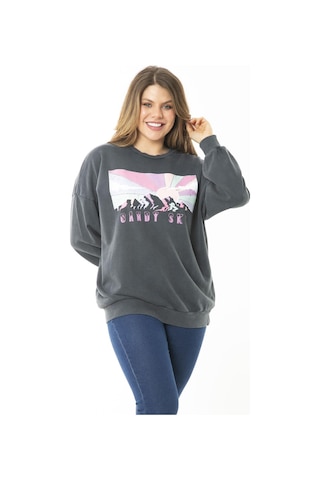 Şans Kadın Büyük Beden Füme Dijital Baskılı Sweatshirt 65n37159-füme Füme