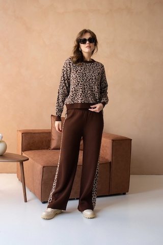 Kadın Geniş Yaka Desenli Kazak Pantolon İkili Triko Takım Kahve