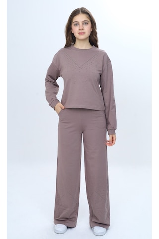Toontoy Kids Toontoy Kız Çocuk 2'li Takım Taş İşlemeli Bisiklet Yaka Sweatshirt & Beli Lastikli Bol Paça Cepli Eşofman Altı Bordo