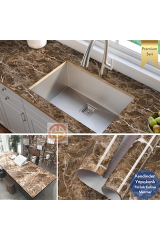 Technosmart 60x300cm Mermer Desen Kendinden Yapışkanlı Duvar Kağıdı Kaplama Mutfak Tezgeh Masa Folyo Kahverengi