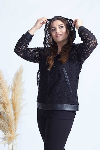 4031 SİYAH FERMUARLI DERİLİ KOMBİN DANTEL BÜYÜK BEDEN CEKET Siyah