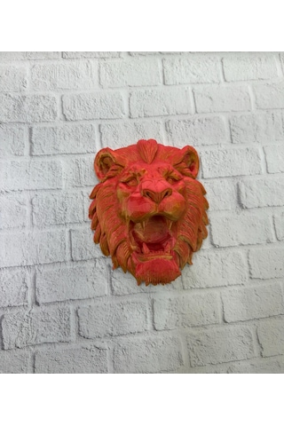 Dekoratif Asılabilir Aslan Başı 3d Duvar Heykeli Gold Red 20x21 C