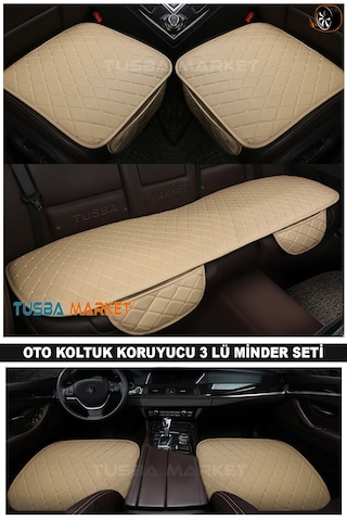Araç Oto Koltuk Koruyucu Cepli Üçlü Minder Seti I Lüks Kapitone Deri Ön-arka Bej Oto Koltuk Minder