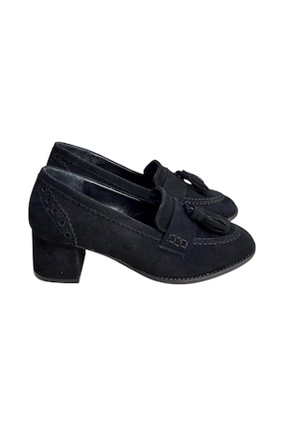 Tufan Shoes Siyah Hakiki Deri Süet Püskül Detay Topuklu Ayakkabı Siyah