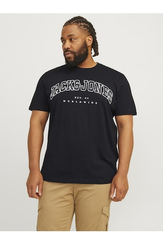 Jack & Jones Büyük Beden Sifir Yaka Kisa Kollu Tisört - Caleb - 12258871 Siyah