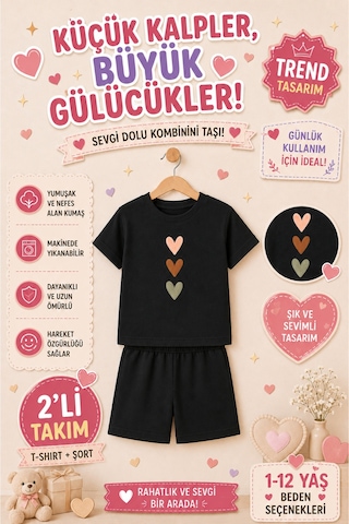 Overmax Sevimli Kalpler Baskılı Çocuk Takım Tişört & Şort 2 Li Kombin 1-12 Yaş Trend Yazlık Takım Siyah - 882765983 Siyah