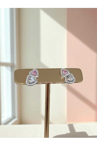 925 Ayar Gümüş Çift Kalpli Pembe Ve Beyaz Taşlı Çivi Küpe Zarif Ve Işıltılı Tasarım Gümüş