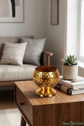 Yapay Çiçek Sitesi Metal Dekoratif Darbeli Küre Saksı 12 Cm Altın