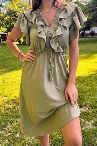 Neşeli Butik Kadın Yaka Ve Kolları Fırfırlı Bağlama Detaylı Ayrobin Elbise Nb10050 Yeşil