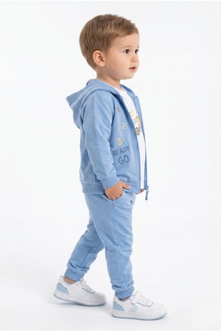 Toontoy Kids Toontoy Erkek Çocuk 3'lü Eşofman Takımı Uzun Kollu Bisiklet Yaka Nakışlı T-shirt - Kapüşonlu Fermuarlı Hırka- Beli Paçası Lastikli Eşofman Altı 25044 Mavi