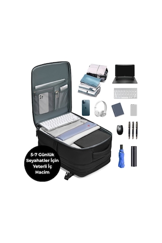 Su Geçirmez 16" İnç 39l Ayakkabı Bölmeli Seyahat Sırt Çantası - Laptop Bölmeli, Usb Şarj Girişli Siyah