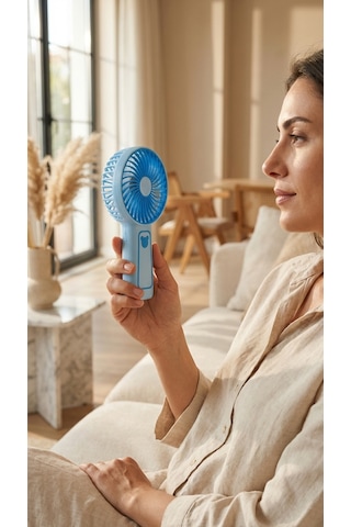 Mini El Fanı Mavi Kompakt Tasarımlı, Usb Şarjlı Güçlü Taşınabilir Vantilatör Fan-pl112