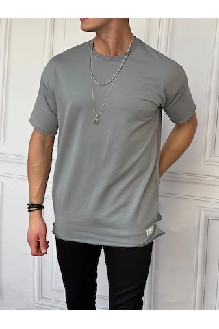 Modefendi Pamuk Likra Yırtmaç Detaylı 2 İplik Oversize Tshirt Gri