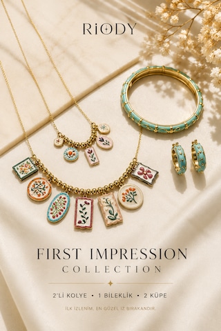 Riody First Impression Collection Kadın Takı Seti 2'li Kolye, 1 Bileklik, 2 Küpe Çiçek Desenli Mine Detaylı Gold Look