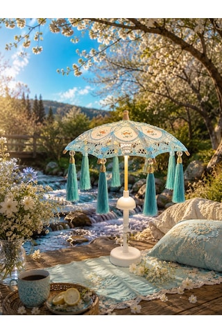 Missidea Vintage Aqua Bohem Dekoratif Şemsiye Lambası- Turkuaz
