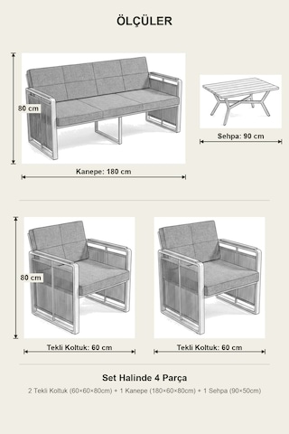 Maris Bahçe Balkon Oturma Takımı Metal Karkas, 3+1+1 Koltuk, Cappucino Gri