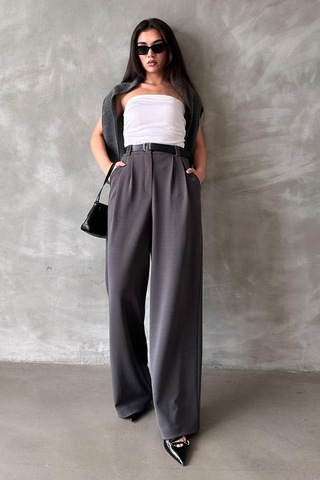 Madmext Füme Çift Pileli Kemerli Pantolon Mg2330 Füme