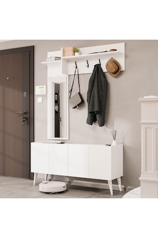 5064 Theo 4 Kapaklı 6 Raflı 4 Askılı Sol Aynalı Portmanto Beyaz