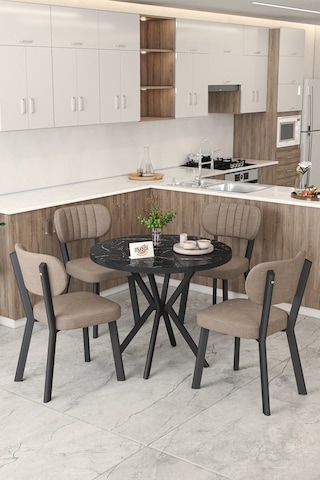Gnr 90cm Sabit Siyah Mutfak Masası Takımı, Yemek Masası, 4 Modern Cappucino Sandalye Cappuccino