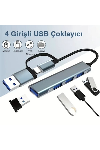 Zey Osqar Type C Usb Çoklayıcı 3.0 Usb Çoğaltıcı 4 Port Hem Type C Hem Usb Girişli
