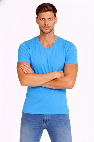 Barlashive Erkek Body T-shirt V Yaka Slim Fit Likralı Kısa Kol Tişört - Açık Mavi Çok Renkli