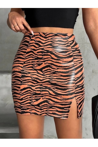 Tek Yırtmaçlı Zebra Desenli Deri Etek Kahvesiyah W24475-s Kahve